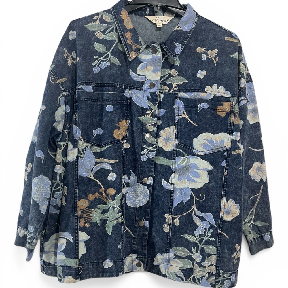 J.NNA Floral Denim Jacket 1XL Blue Cottagecore Oversized Button Front NWT - Picture 3 of 13